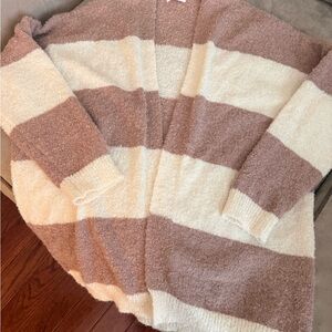 Pink Lily Cozy Striped Cardigan in Cream and Brown